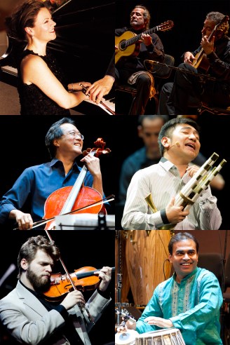 (L-R) Kathryn Stott, Sergio and Odair Assad, Yo-Yo Ma, Wu Tong, Johnny Gandelsman, Sandeep Das